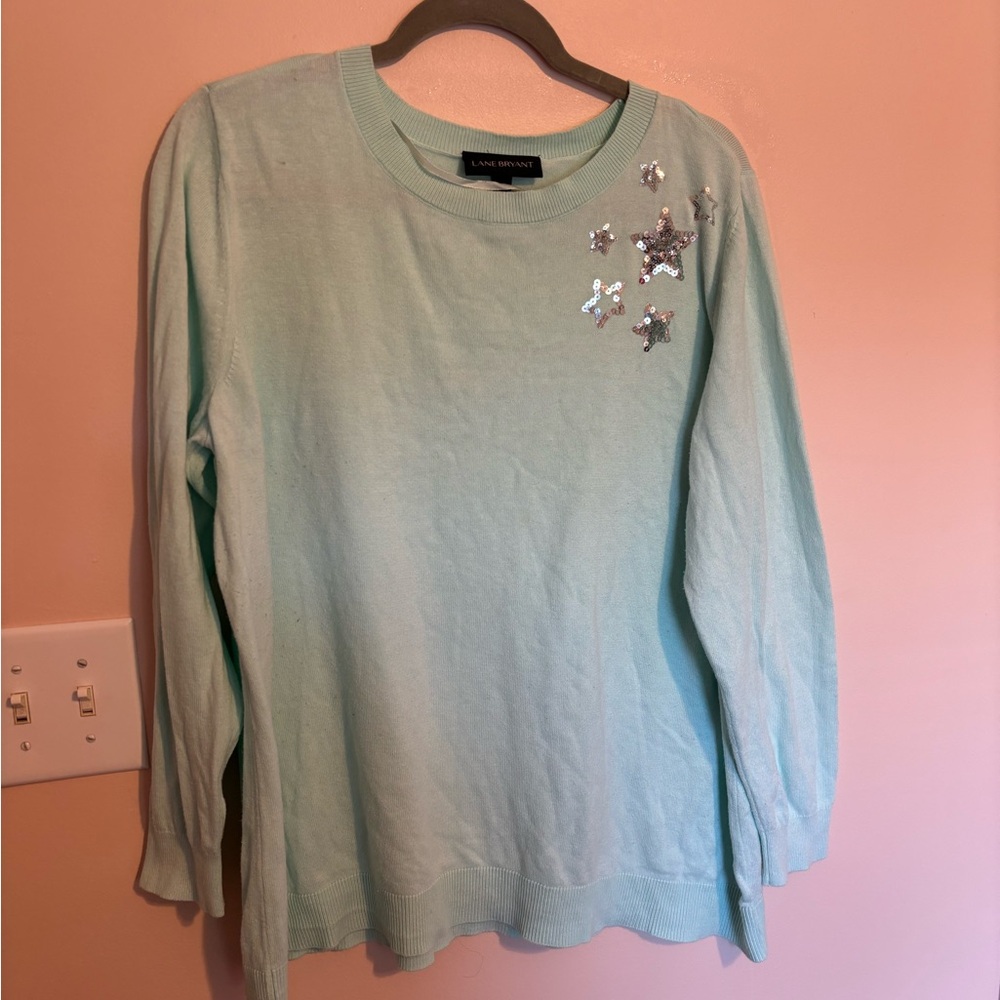 Blue sweater sequin silver stars Lane Bryant plus size